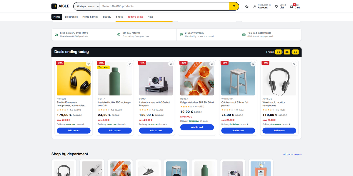 AISLE three-row header with category search