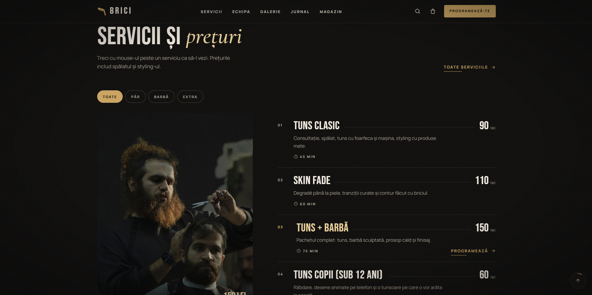 BRICI service menu with prices, durations and category filters