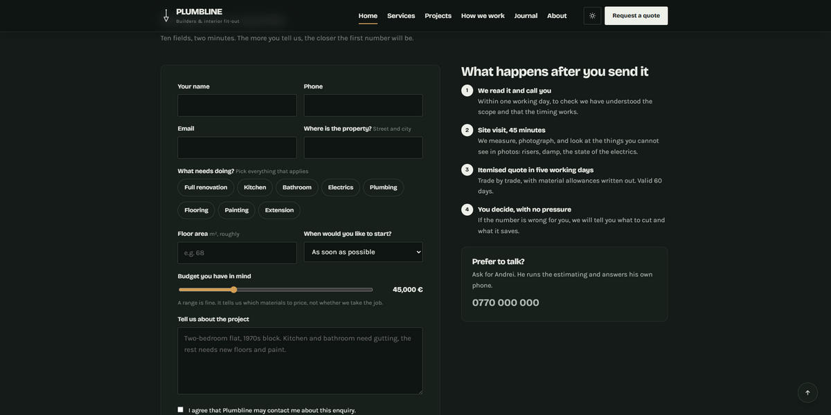 Plumbline theme quote request form