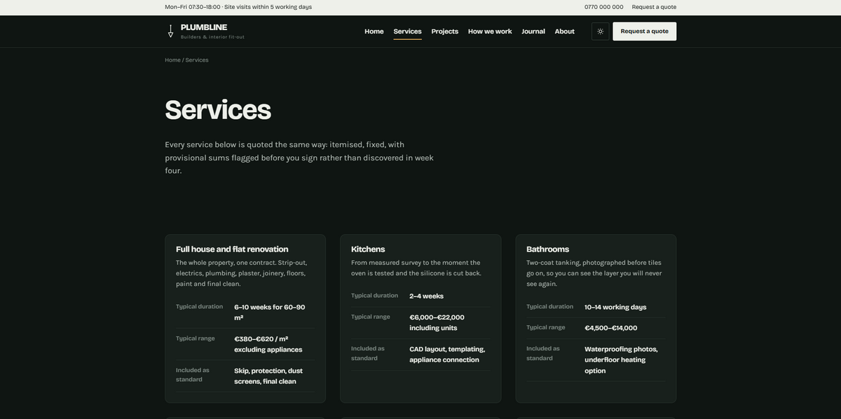 Plumbline theme testimonials section
