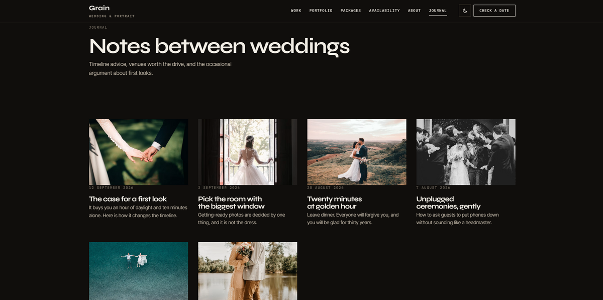 GRAIN photography package page with deposit